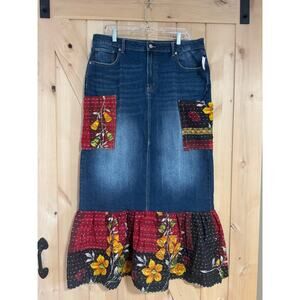 Upcycled Long Denim Skirt with Kantha Patches and Ruffle Hem | Size 16